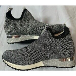 J/SLIDES Sneakers Women’s Oren Mesh Black & Silver Knit Urban Sport Size 6